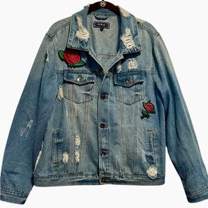 Ci Sono by Cavalini Distressed Denim Jacket With Rose Embroidery Large